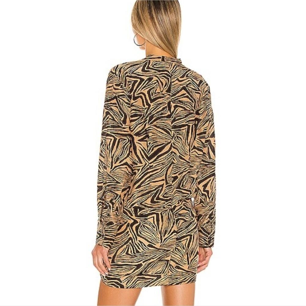 REVOLVE L'ACADEMIE Tan Abstract Tiger Charley Mini Dress Ruched Modern Night Out - Picture 3 of 16